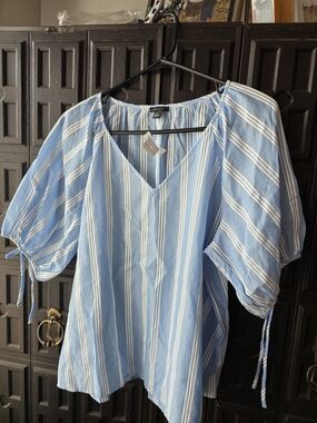 Ann Taylor Light Blue & White Striped V-Neck Puff Sleeve Blouse Large Nwt Y2K